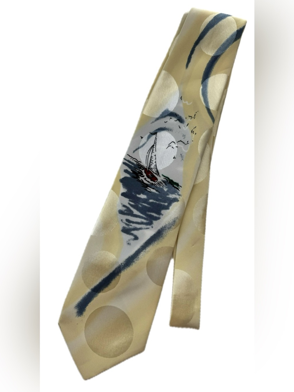 Vintage Jordache Sailboat Novelty Tie Cream Jacquard Polka Dot Nautical